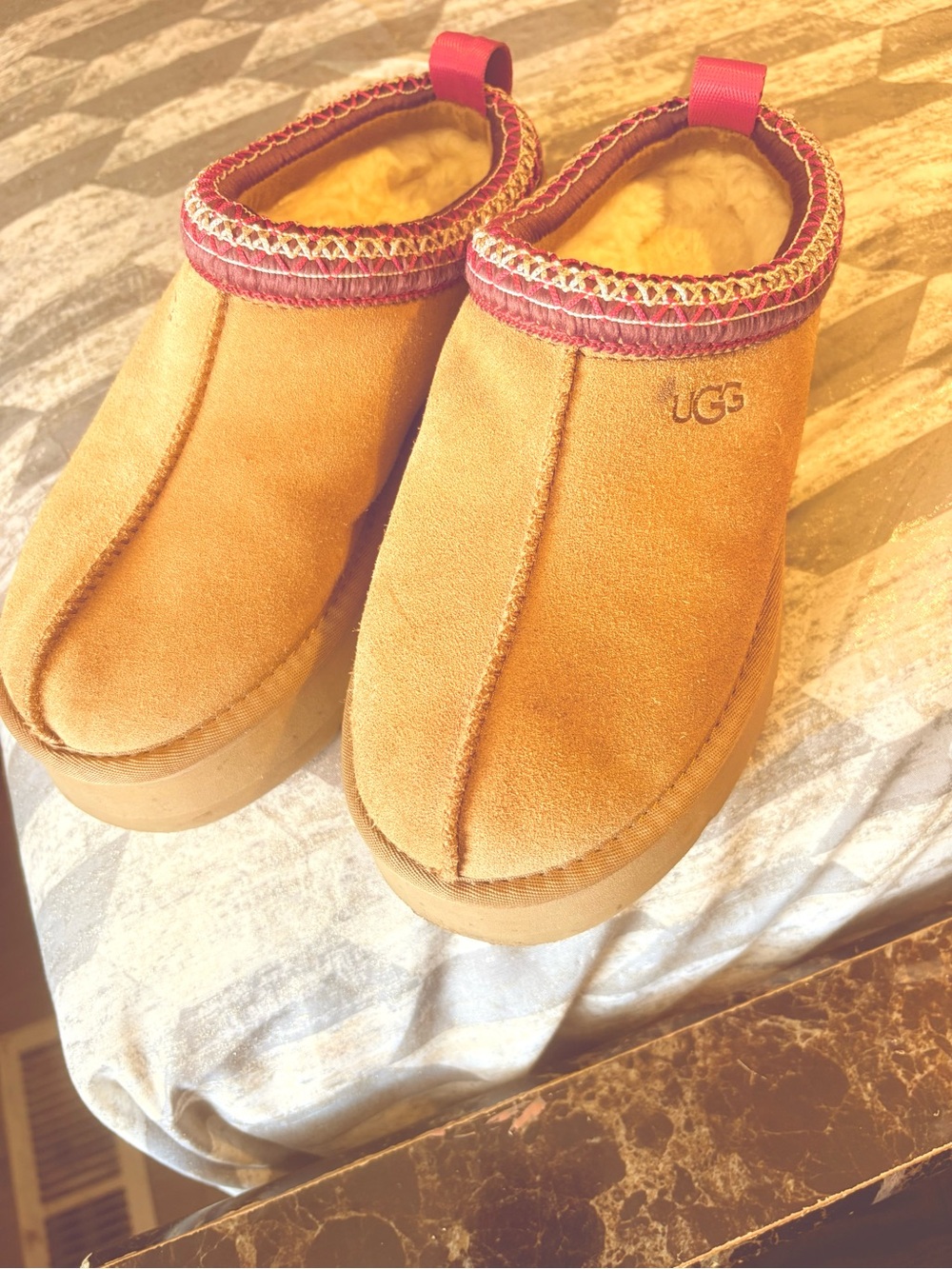 UGG Kids Chestnut Suede Slip-On Clogs with Pink Trim
